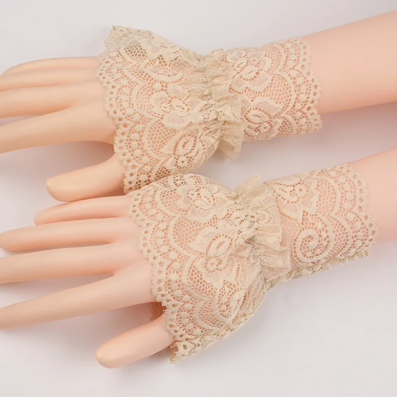 2Pcs/Pair Women Girls Fake Flare Sleeves Female Floral Lace Pleated Ruched False Cuffs Sweater Wrist Warmers