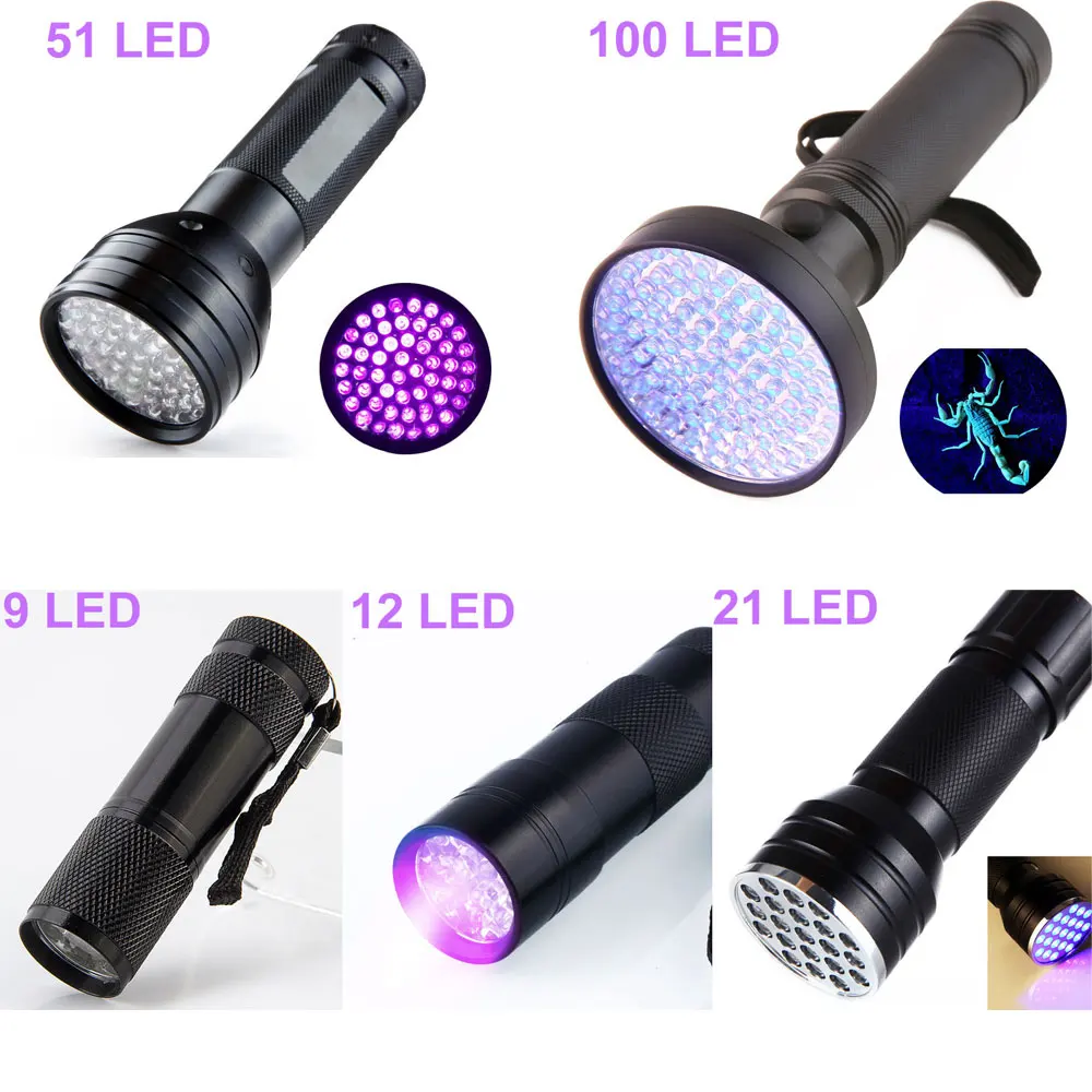 100 LED 51LED UV Flashlight Ultraviolet Blacklight LED UV Light Lamp Waterproof Aluminum Torch Detector for Dog Urine Stains