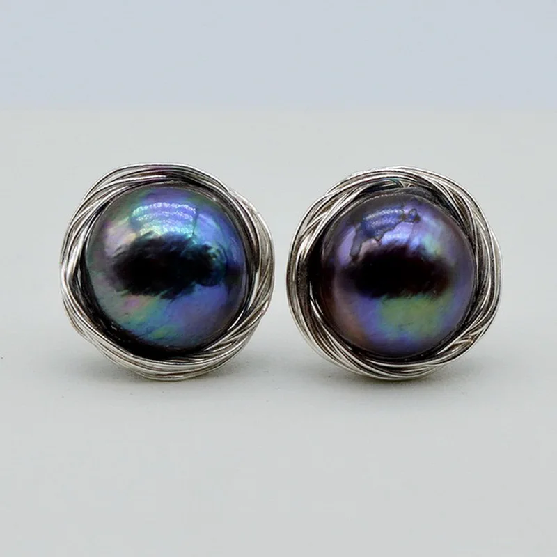 Black Pearl Stud Earrings Natural Pearl Silver Stud Earrings Irregular Baroque Stud Earrings Handmade Women\'s Stud Earrings