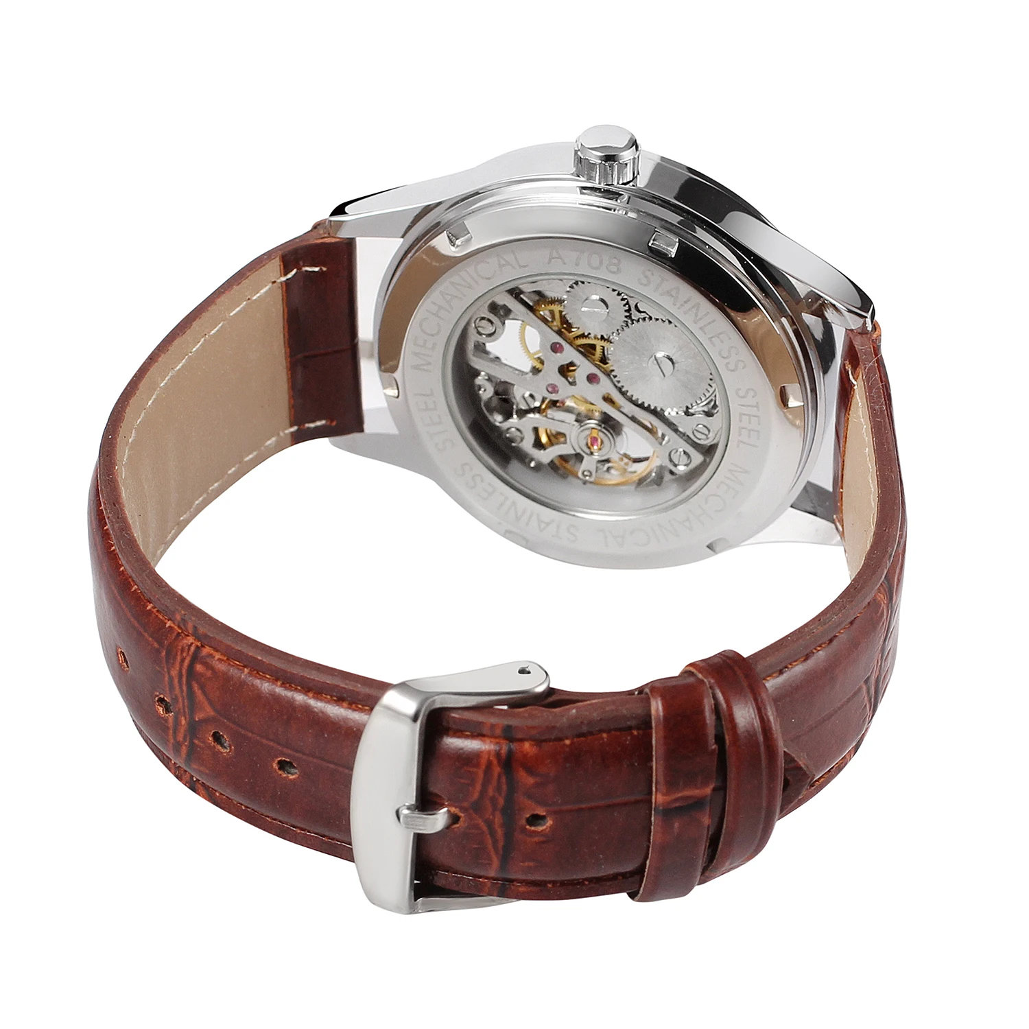 T-WINNER Fashion casual magnificent men\'s watch red dial silver case brown red leather strap automatic mechanical watch