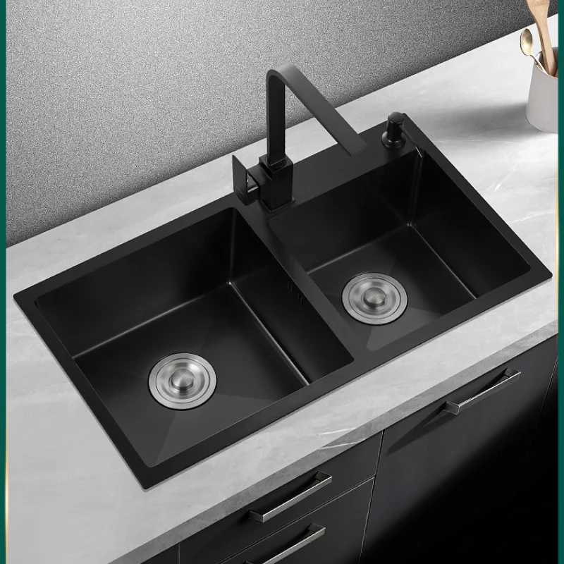 

Kitchen Sink Double Slot Manual Thickened 304 Stainless Steel Black Household Washing Basin Dishwashing Sink