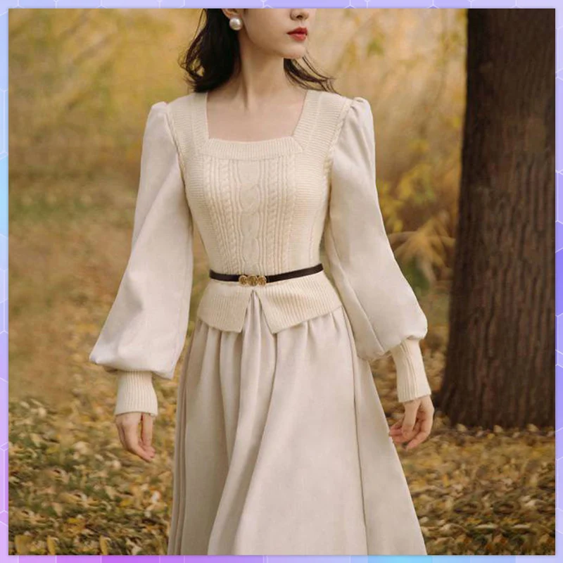 Women's Vintage Elegant Evening Party Midi Dress Puff Sleeve France Retro Dress Solid Warm Korean Dresses Autumn Winter Vestidos