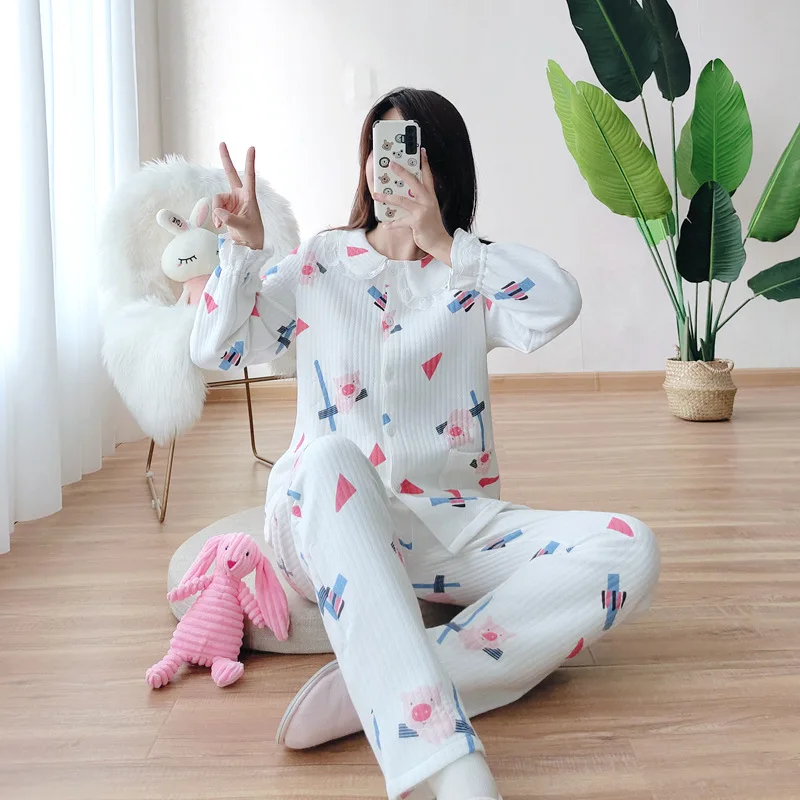 

Cotton Pajamas Suit Sexy Lace Lady 2PCS Sleepwear Nightwear Print Geometric Pijamas Set Shirt&Pants Lingerie Homewear Night Gown