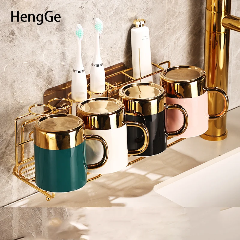 

Simplicity Ceramics Bathroom Decor Wall-mounted Five Piece Set Plating Outline In Gold Craft Couples Toothbrushing Cup Shelf