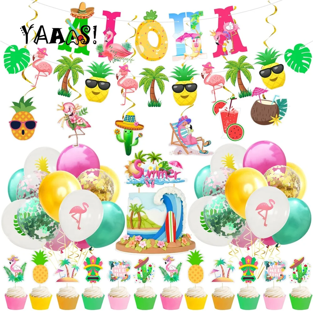 Hawaii Party Decorations Pineapple Balloons Happy Birthday Banner Hawaiian Party Supplies Summer Tropical Flamingo Party Favors