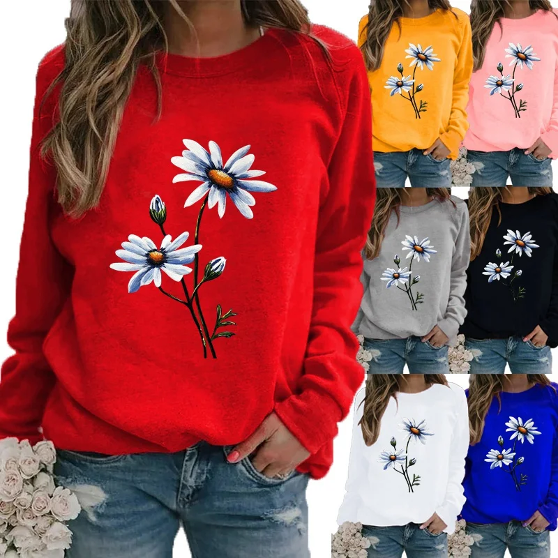 

Women Autumn and Winter Fashion Clothing Flower Printed Casual Sweatshirt Long Sleeve Tops Round Neck Pullover Blouse