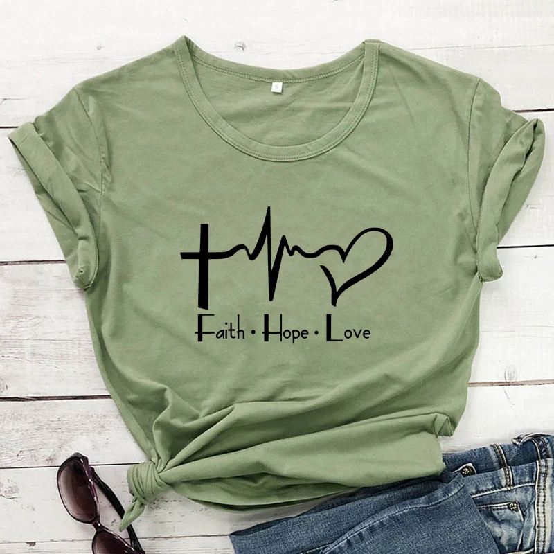 

New Arrival Faith Hope Love Heartbeat T-shirt Funny Christian Graphic Tee Top Women Religious Jesus Tshirt Dropshipping