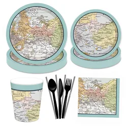 World Map Theme Disposable Tableware Travel Festival Paper Plate Straw Retirement Party Decoration Birthday Supplies