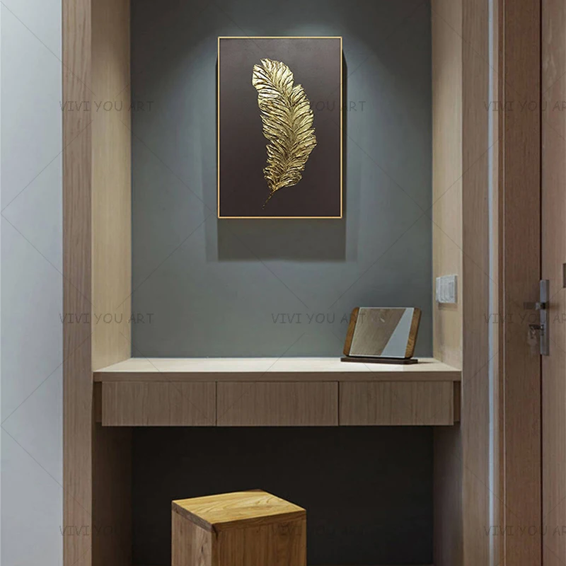 Dark Background Golden Plume Oil Painting, Contemporary Art Handpainted Vertical Wall Decor
