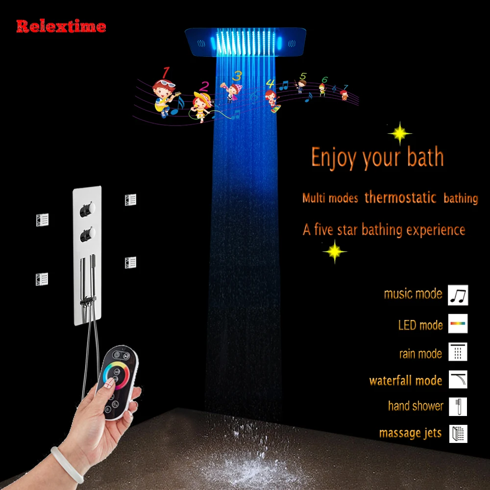 

Bluetooth Music LED Rain Shower Head Bathroom Shower Set Faucet Thermostatic Concealed Mixer Shower Speaker System Massage Jets