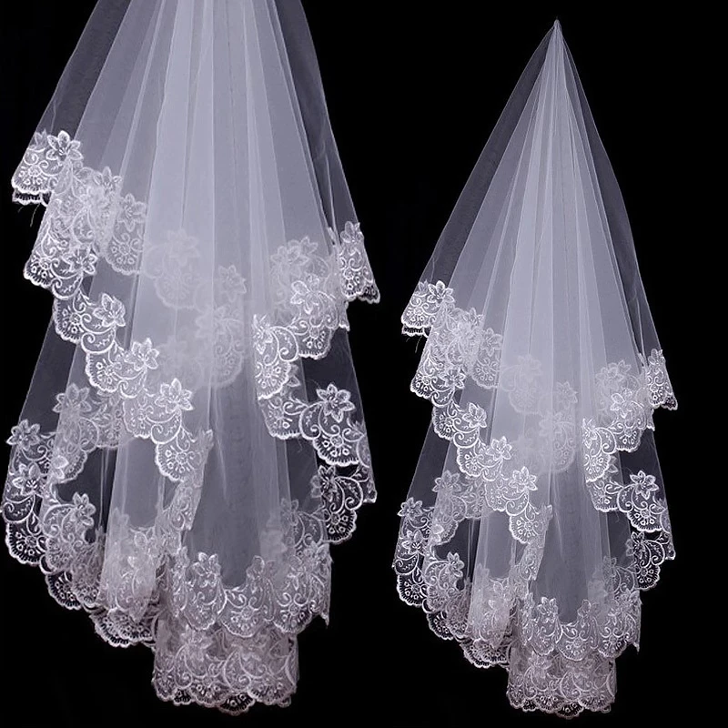 White Ivory  Cathedral Wedding Veils Short One Layer Bridal Veil Appliques Lace Edge No Comb Bridal  Accessories