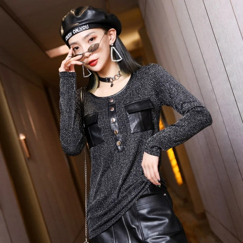 Ladies Fashion Long Sleeve O Neck Gauze T-shirt Sheepskin Leather Patchwork Slim Fit Tees Tops Pullover Spring Womens T-shirts