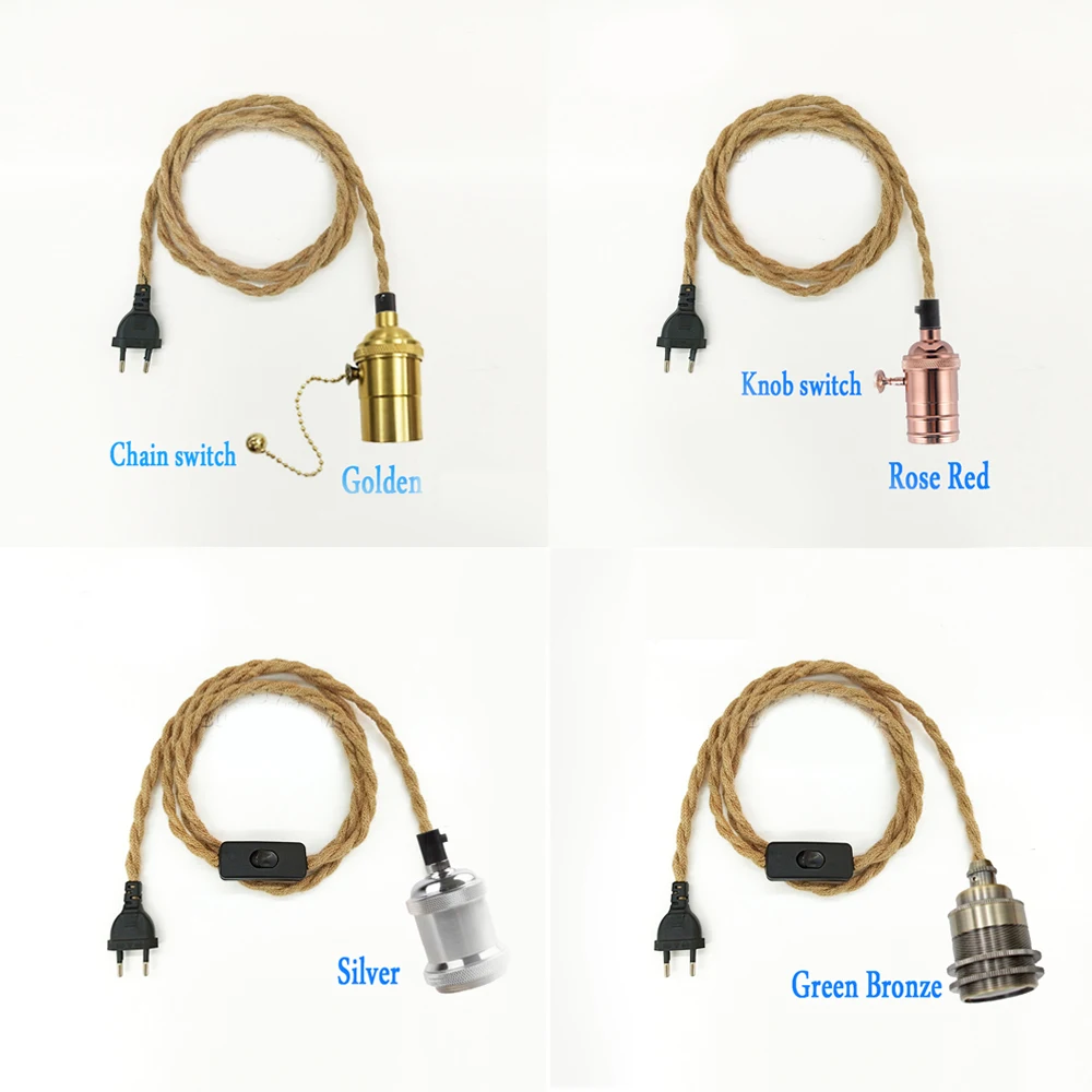 Cable de alimentación de cuerda de cáñamo con enchufe europeo, enchufe de bombilla Edison de 2/3 metros, cable de luz colgante Vintage con