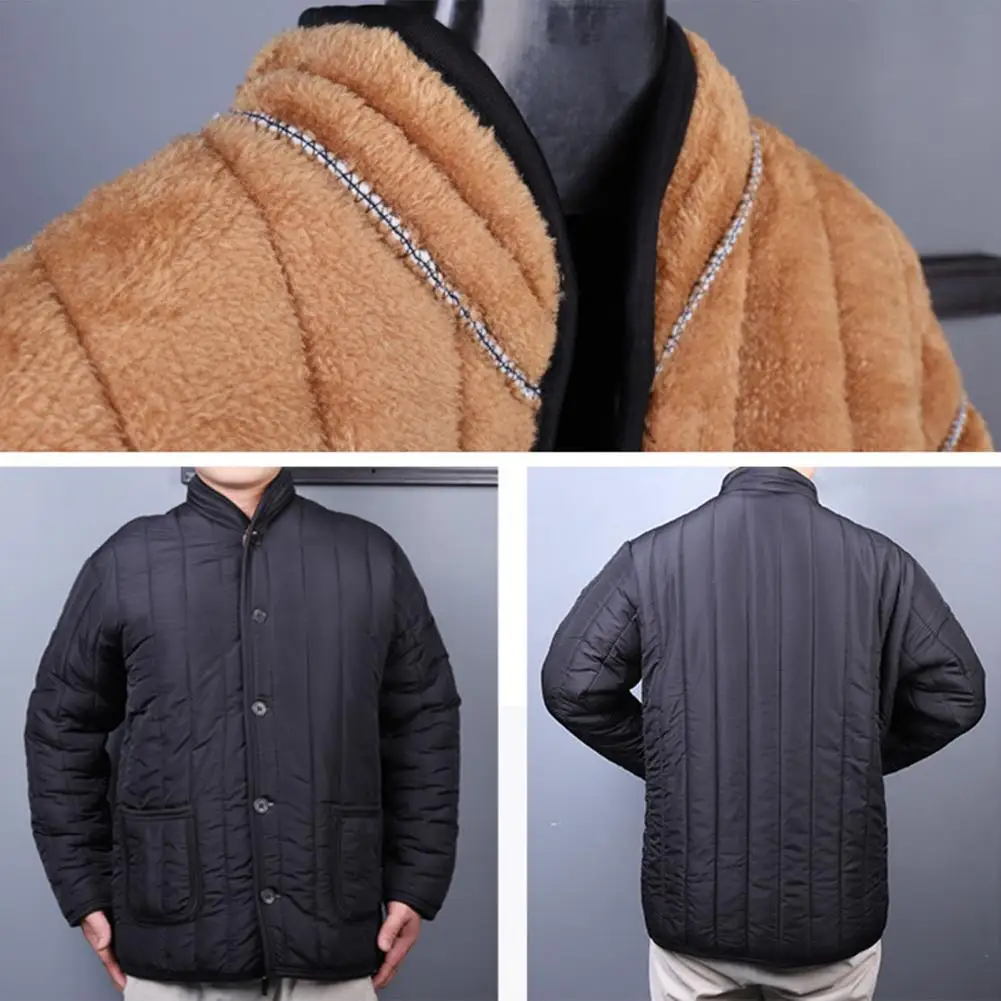 Men Coat Solid Color Single-breasted Stand Collar Plush Winter Jacket for Daily Wear