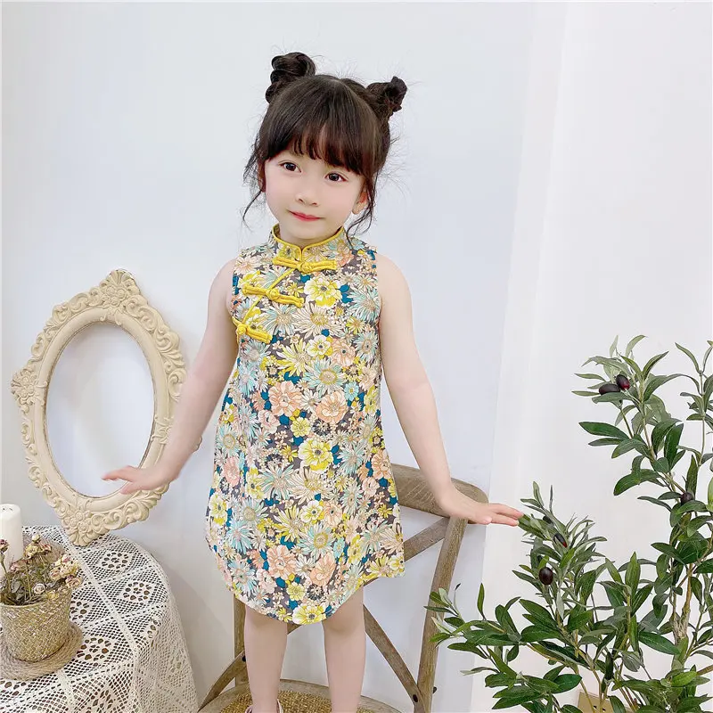 Children's dress one-piece skirt little princess cheongsam skirt Chinese style floral vest dress girl baby improved cheongsam