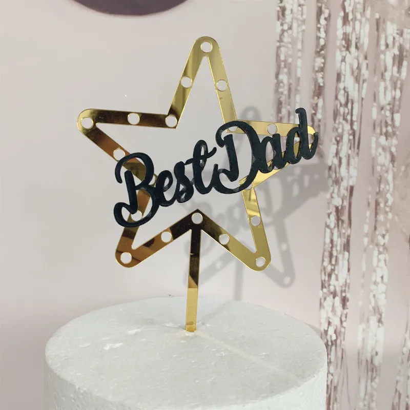 2020 Gold Star Best Dad Acrylic Cake Topper Daddy Birthday Cake Topper Supplies for Father's day Birthday Party Cake Decorations