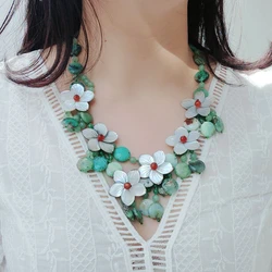 Lii Ji Real Stone Green Statemente Necklace Chrysoprase Mother of Pearl Shell Flowers Necklace Women Jewelry Gift