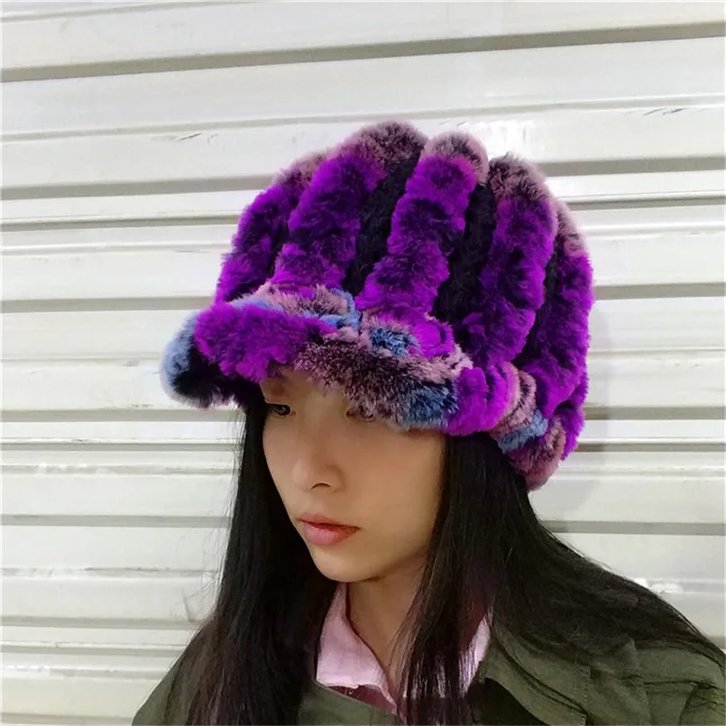 

Russian Lady Real Rex Rabbit Fur Hats Winter Women Warm Flowers Genuine Fur caps Knit Fur Visor with Brim