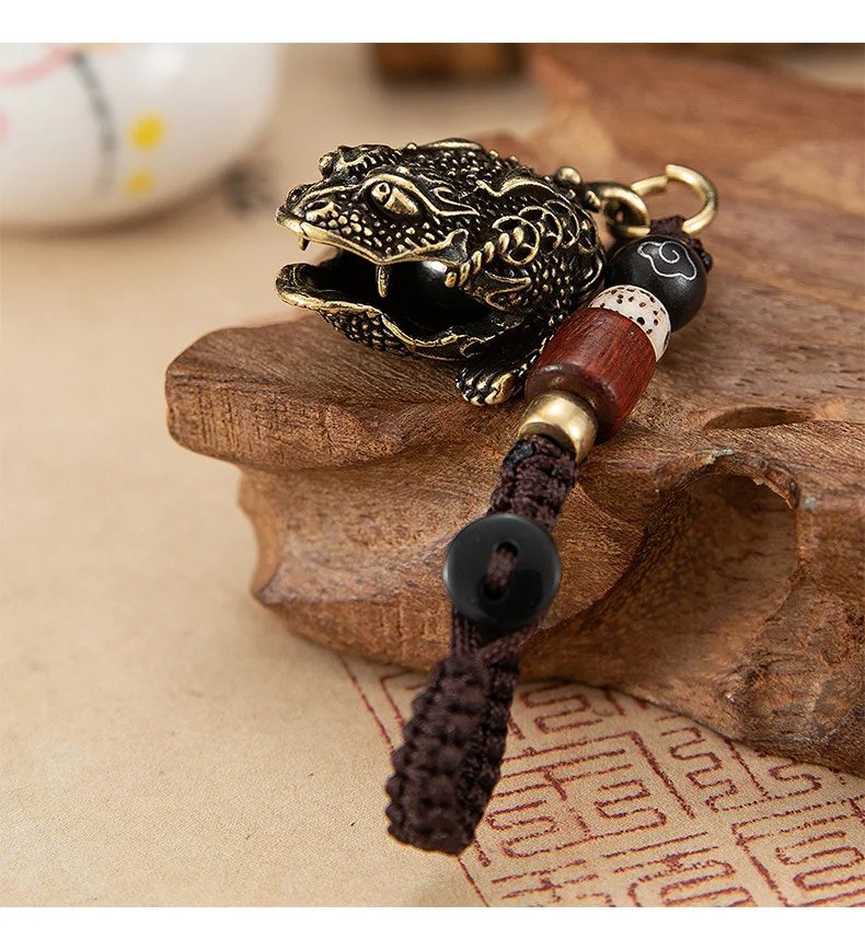 Brass Gourmet Bell Keychain Facebook Golden Toad Dragon Head Key Chain Pure Copper Keychain Bell Braided Rope Pendant DIY Pet
