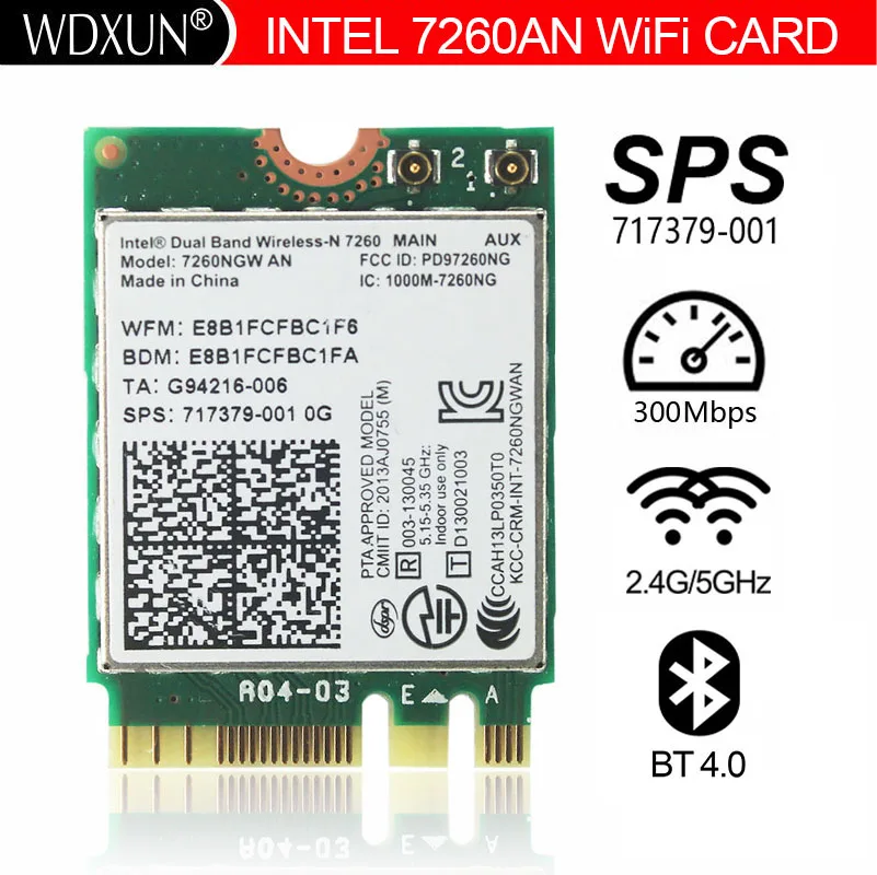 Intel Dual Band Wireless-N 7260NGWAN 7260NGW 7260AN SPS 717379-001 300Mbps BT 4.0 NGFF M.2 wifi wireless Card for Elite Book