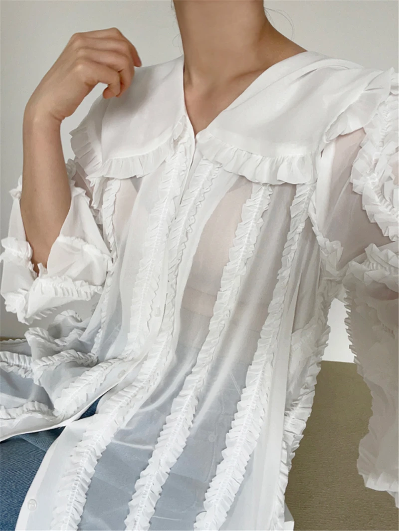 CHEERART Sailor Collar Long Sleeve See Through Shirt Fall 2021 Womens Fashion Top Chiffon Lace White Black Shirt New Blouses