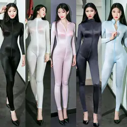 Women Glossy Semi See-through Skinny Jumpsuit Zipper Crotch Unitard Full Body Dancewear Catsuits Girls Costume