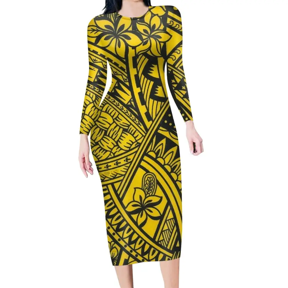 Noisydesigns Women Party Dresses Polynesian Flower Pattern 3D Print Ladies Long Sleeves Fashion Midi O-Neck Pencil Dropshipping