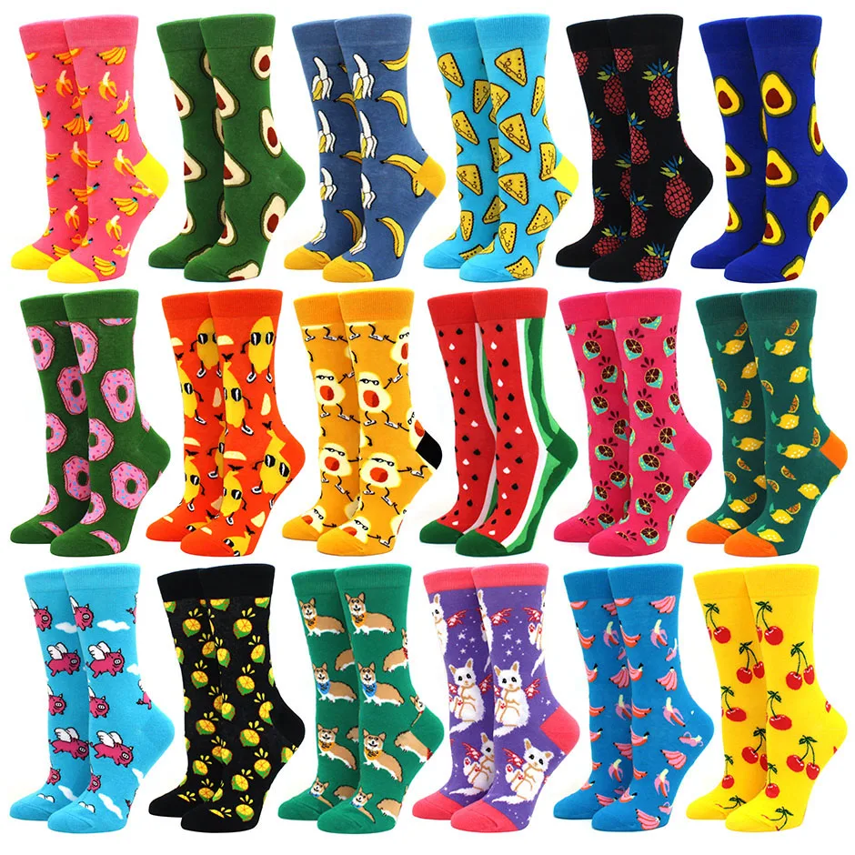 1 pair Hot Sales Funny Socks Women Casual Cartoon Fruit Banana Avocado Lemon Egg Cookie Donuts Happy Harajuku Skateboard Socks