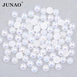 JUNAO 6 8 10 12mm White AB Half Round Pearl Rhinestone Stickers Flatback Imitation Pearls Applique for DIY Decoration