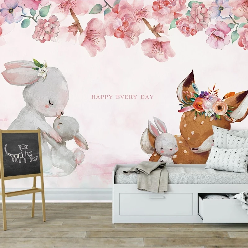 Custom Living Room Children Room Animal Photo Wall Decoration Painting Cartoon Floral  Rabbit Mural Wallpaper For Kids Room