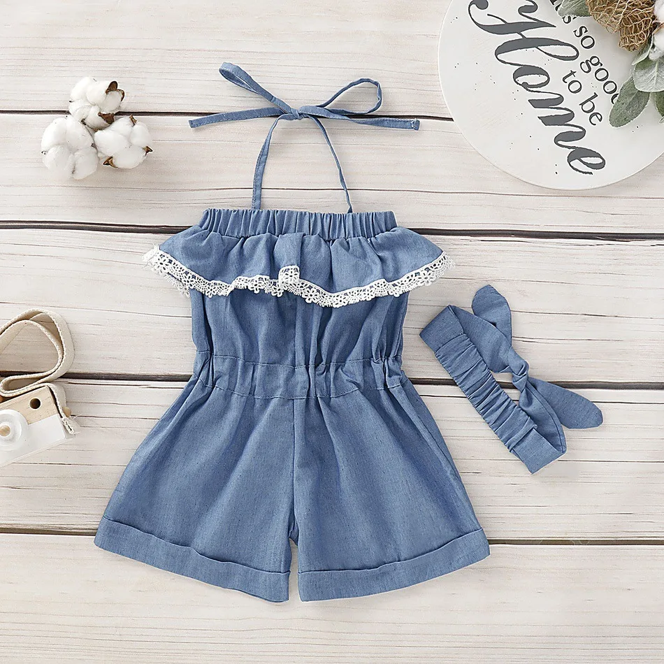 

Ins New Fashion Summer Children Clothing Baby Girl Spin Denimen Hanging Jumpsuit + Headband 2 pieces set Princess Lace RM060