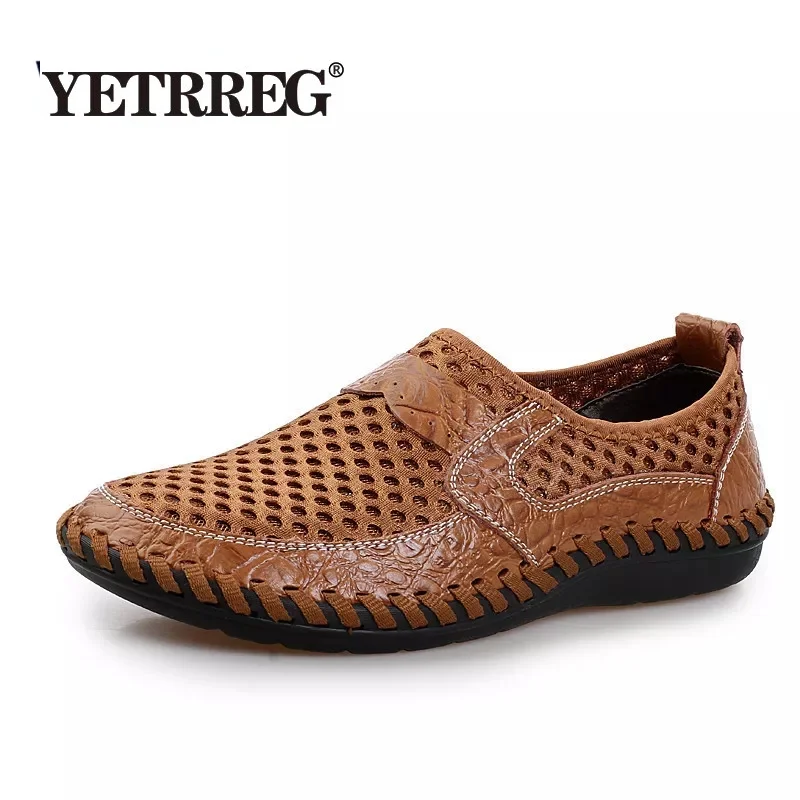 2019 Summer Breathable Mesh Shoes Mens Casual Shoes Genuine Leather Slip On Brand Fashion Summer Shoes Man Soft Comfortable