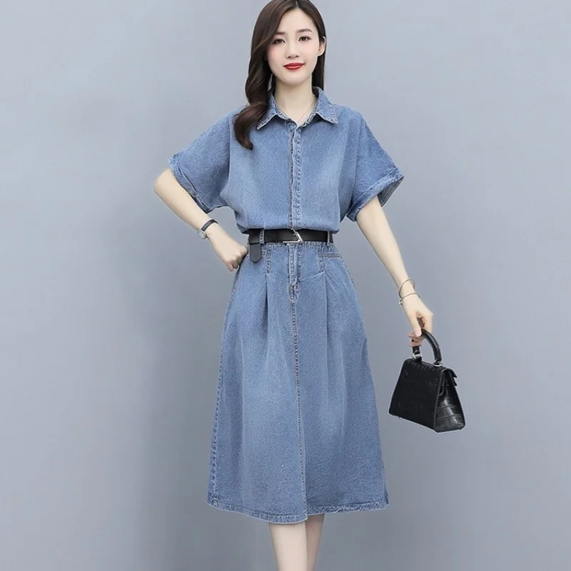 Summer Vintage Women Short Sleeve Midi Denim Dress Casual Office Ladies Belted Slim Fit Jean Dresses Streetwear Vestidos Female