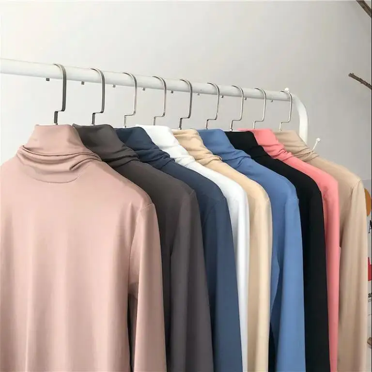 Fall/winter solid color long-sleeved pile collar T-shirt for Women and Men couples high collar plus velvet thick bottoming shirt