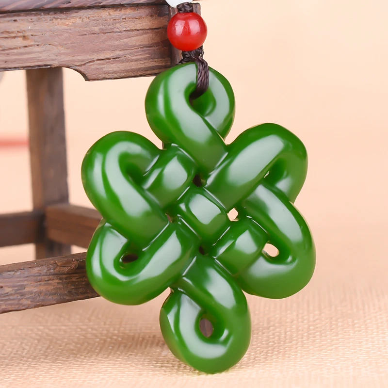 New Chinese Knot Pendant Beads Necklace Charm Jewelry Doublesided Hollow Carved Amulet Natural Green White Jade