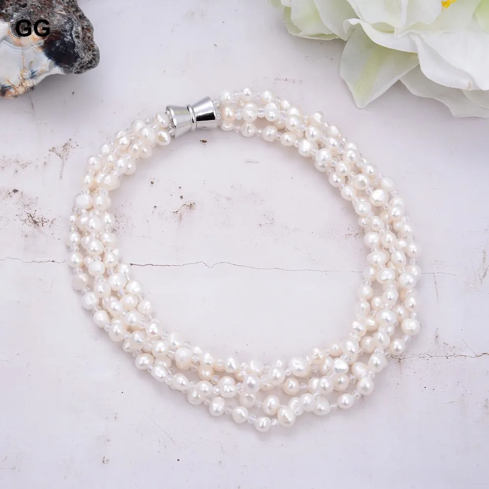 GuaiGuai Jewelry Natural White Multi Shape Pearl Clear Crystal Necklace For Women