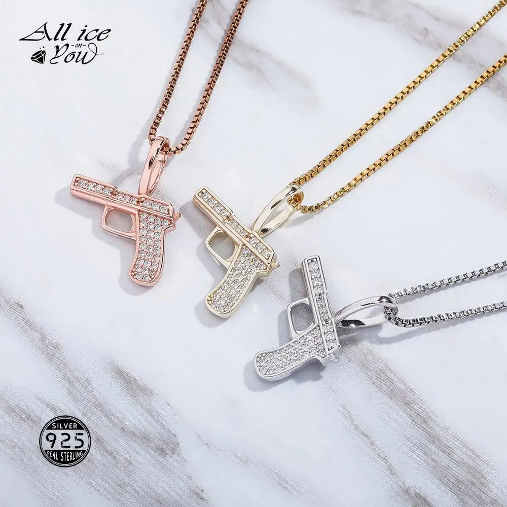 ALLICEONYOU New 925 Sterling Silver High Quality Iced Out Cubic Zircon The Gun Pendant Hip Hop Fashion Jewelry Women Gift