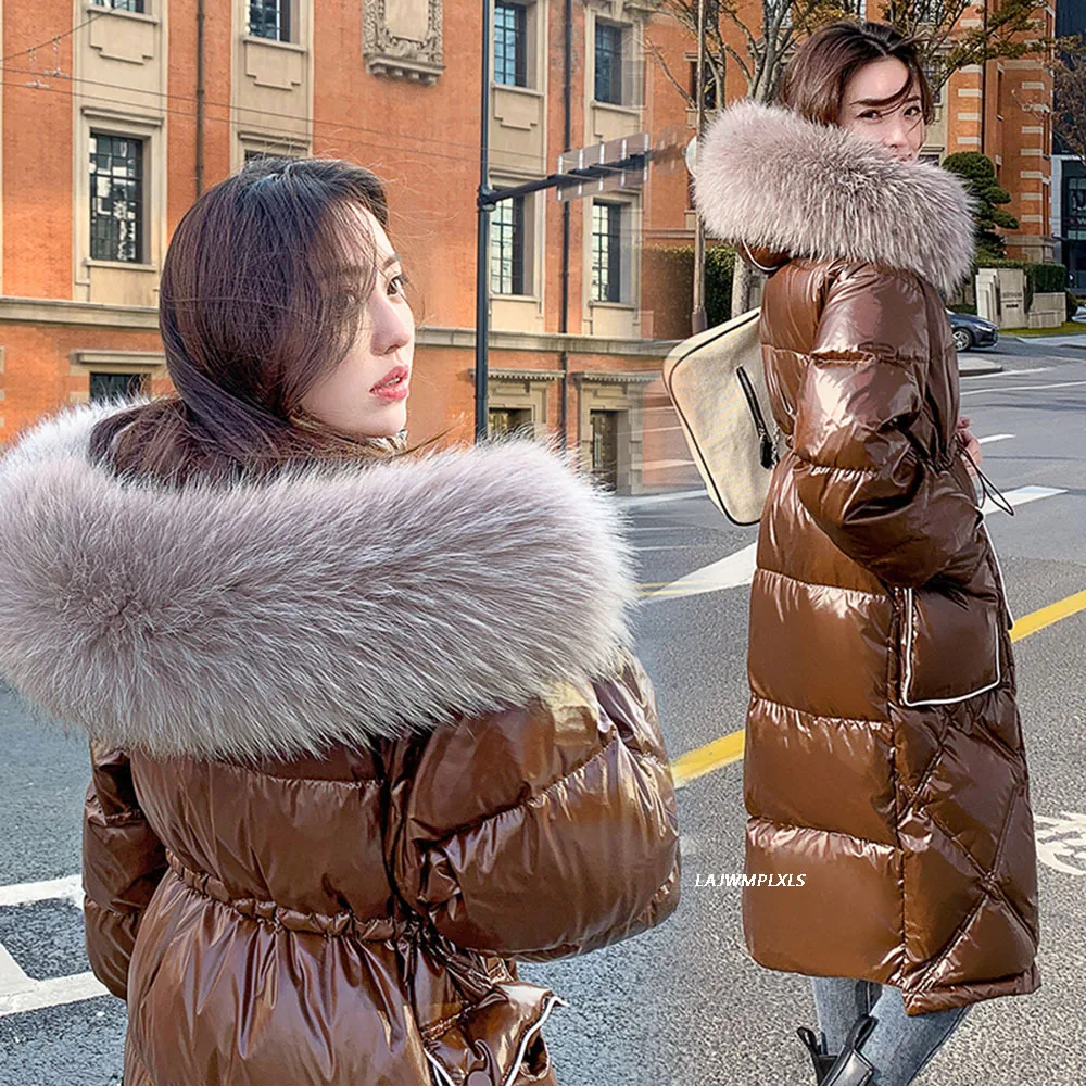 Luxury Brand Women\'s Winter 90% White Duck Down Jacket Real Raccoon Fur Collar Hooded Long Glossy Puffer Fluffy Feather Coat