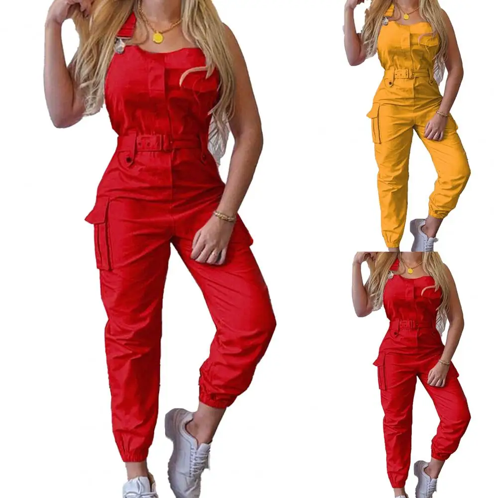 Cargo Jumpsuit Ankle Tied Shoulder Strap Female Sleeveless High Waist Pockets Romper Women Overall 2021 Ankle-Length Pants