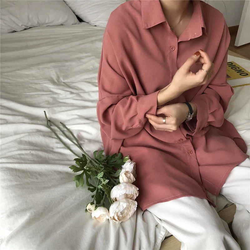 Women Solid Shirt Office Ladies Turn-down Collar Casual Tops And Shirts Summer Female Korean Long Sleeves Shirts Chic Blouses