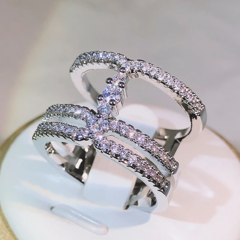 925 Sterling Silver Fashion wielowarstwowe łańcuszki pierścionki z cyrkonią dla kobiet ślubne proste pierścionki z oświadczeniem para obrączki — zdjęcie 6