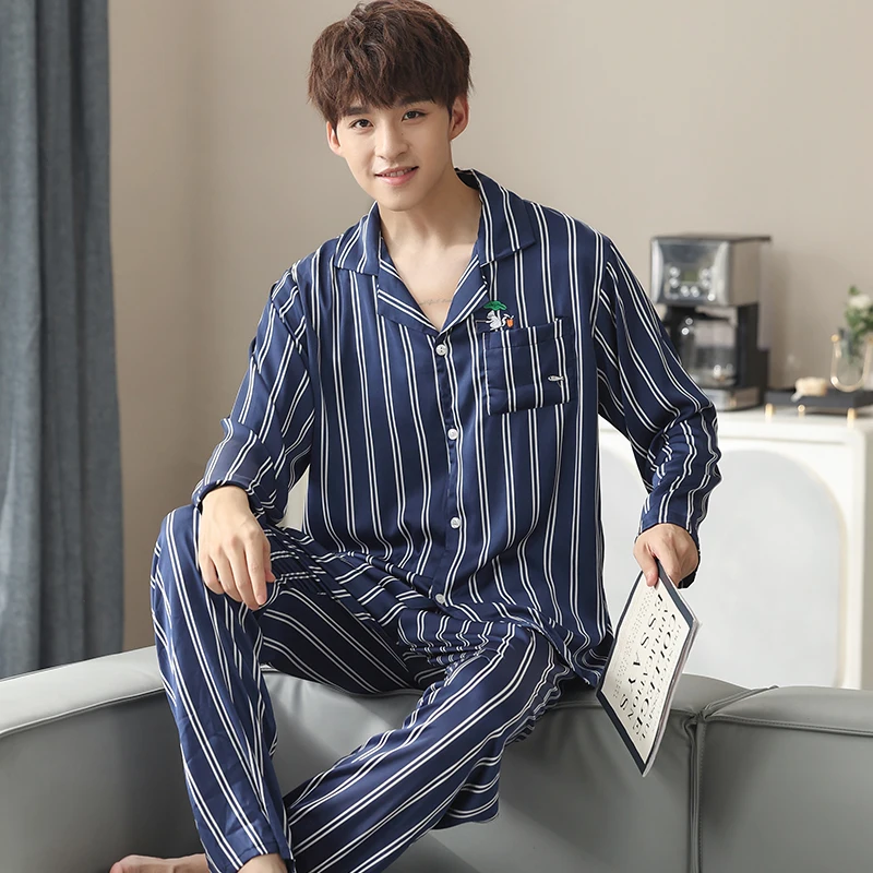 

Autumn Men's Silk Striped Pajama Sets Satin Cardigan Sleepwear Pajamas Male Sleepwear Home Clothes Pijama Hombre Loungewear 4XL