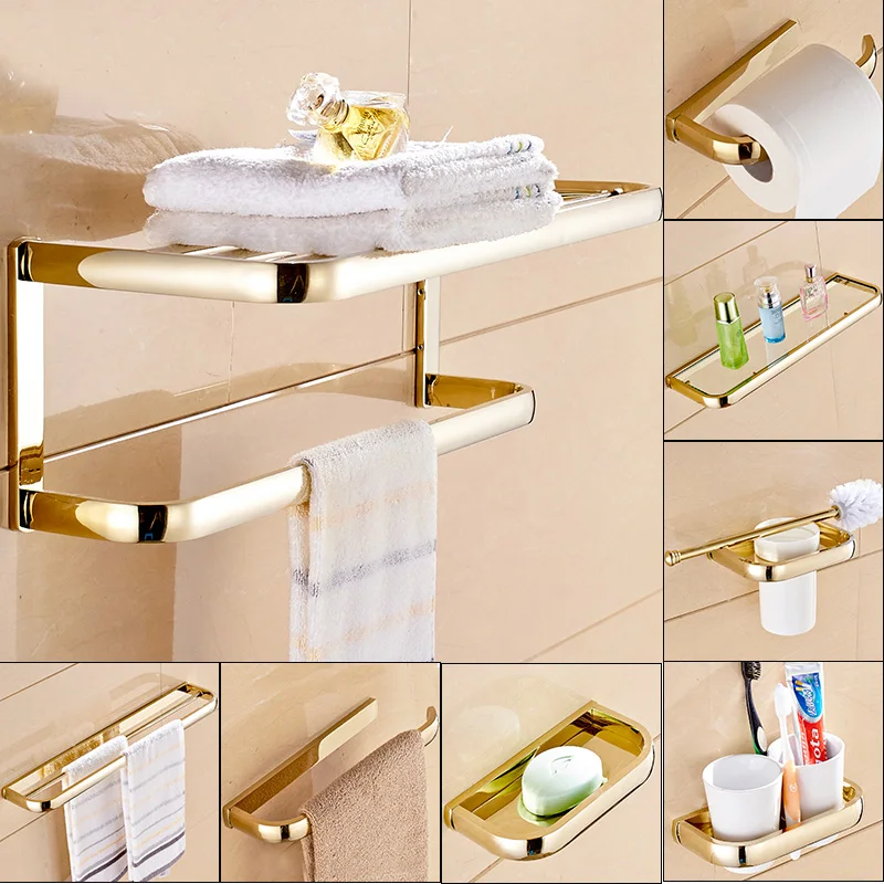 

Gold Polished Brass Square Bathroom Hardware Towel Shelf Towel Bar Paper Holder Cloth Hook Bathroom Accessory Kxz014