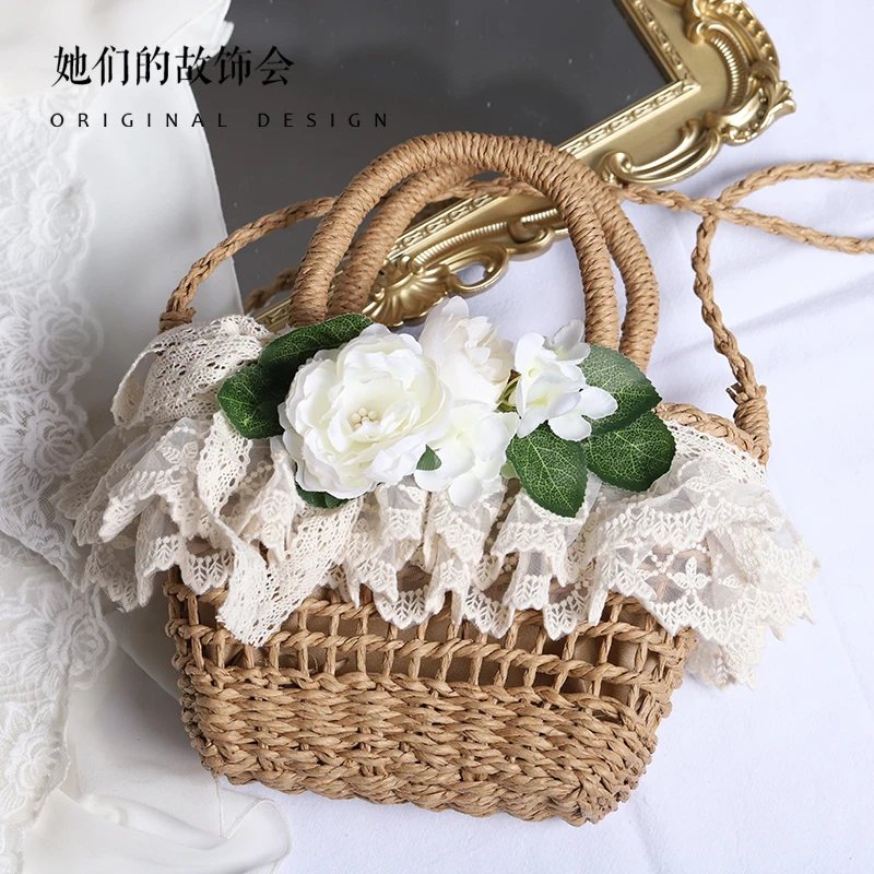 Handbag Papyrus Woven Original Handmade Lace Flower Lolita Soft Girl Pastoral Style Beach Bag