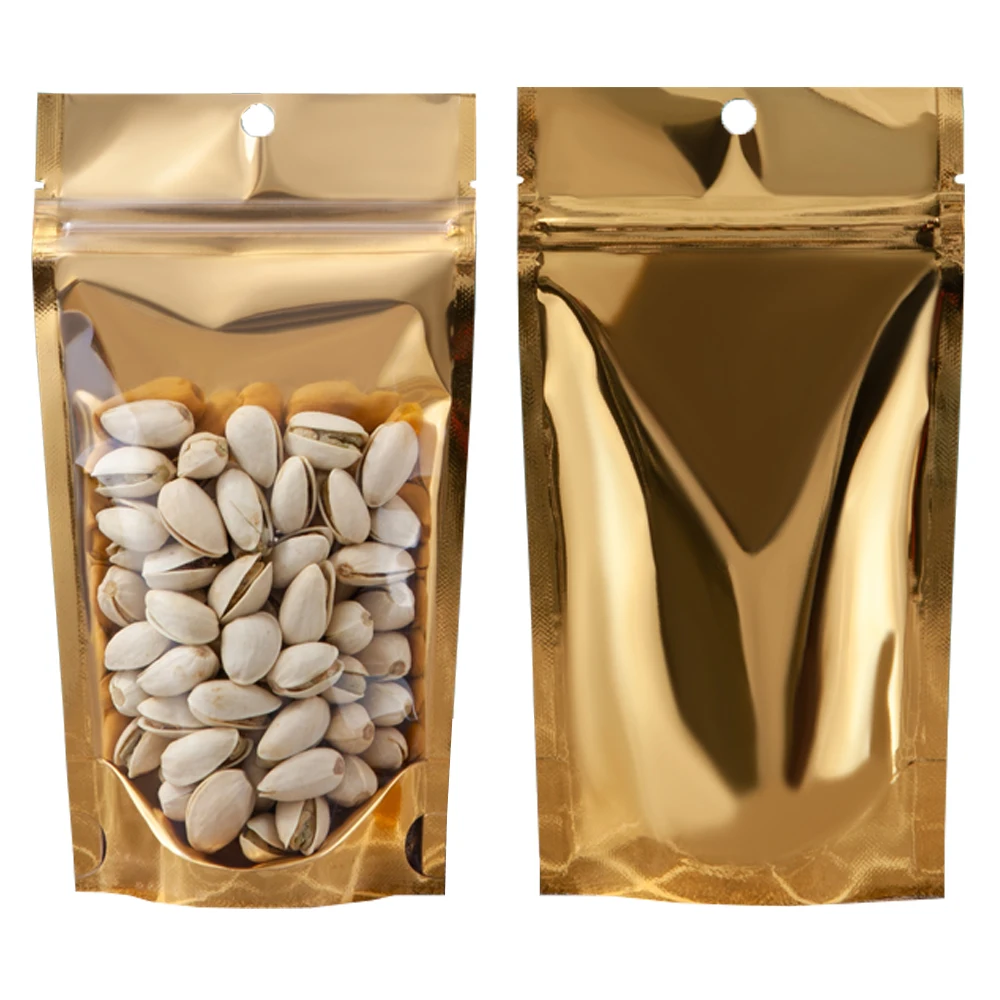 100Pcs Gold Aluminum Foil Clear Bag Zip Lock with Hang Hole Stand Up Tear Notch Reusable Food Nut Candy Packaging Pouches