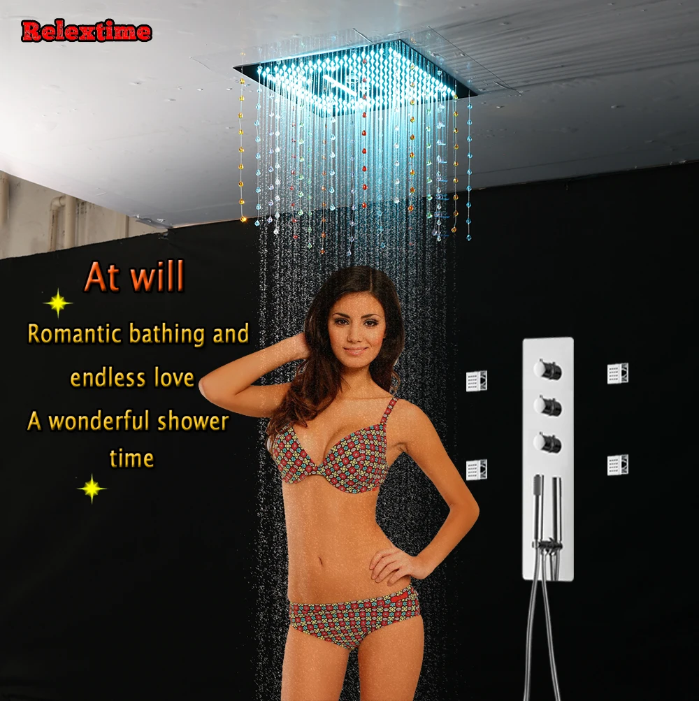 

Crystal Pendant Wall Mounted LED Ceiling Shower Head Polished Chrome Big Rain Shower Faucet Concealed Bath Shower Set Handshower