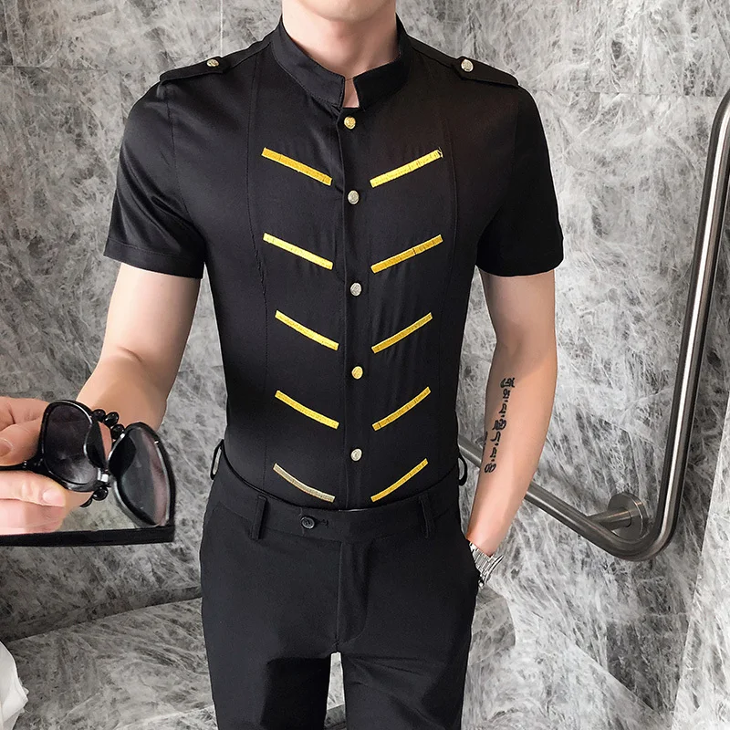 Embroidery Tuxedo Luxury Shirts Men Casual Slim Fit Dress Shirts Summer Camisa Social Masculina Short Sleeve Party Prom Shirt