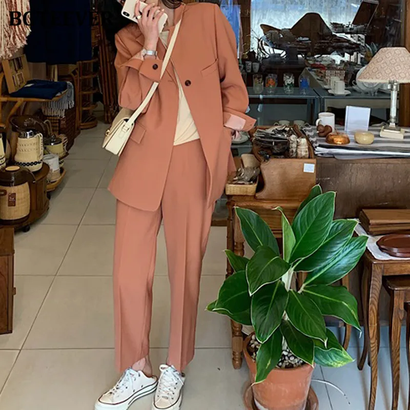 BGTEEVER Elegant 2 Pieces Set Women Pant Suits Single Button Jacket & High Waist Loose Pants 2020 Autumn Stylish Blazer Suit