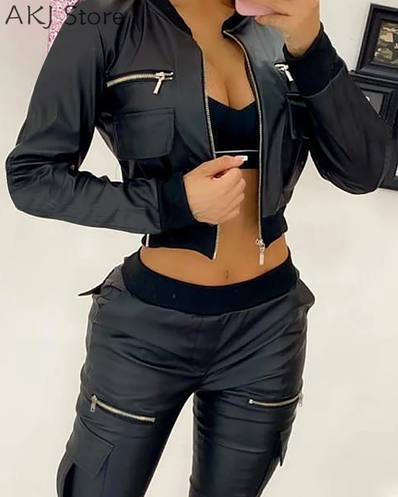 Women PU Leather Zipper Pocket Design Long Sleeve Jacket and PU Skinny Pants Sets