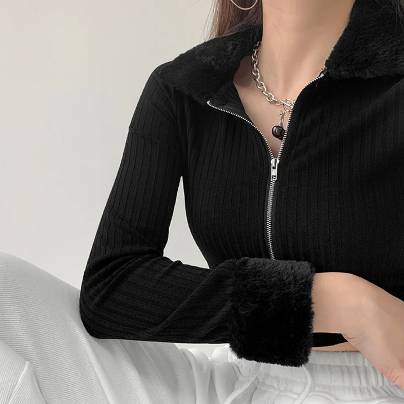 TVVOVVIN Fashion Fur Collar Long Sleeve Slim Knitted Cardigan Solid Color Screw Thread Open Navel Zipper Sweater Korean Khz3